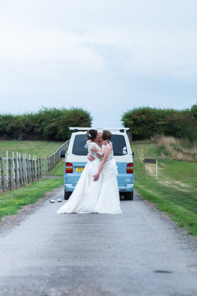 Two Brides with a VW Campervan