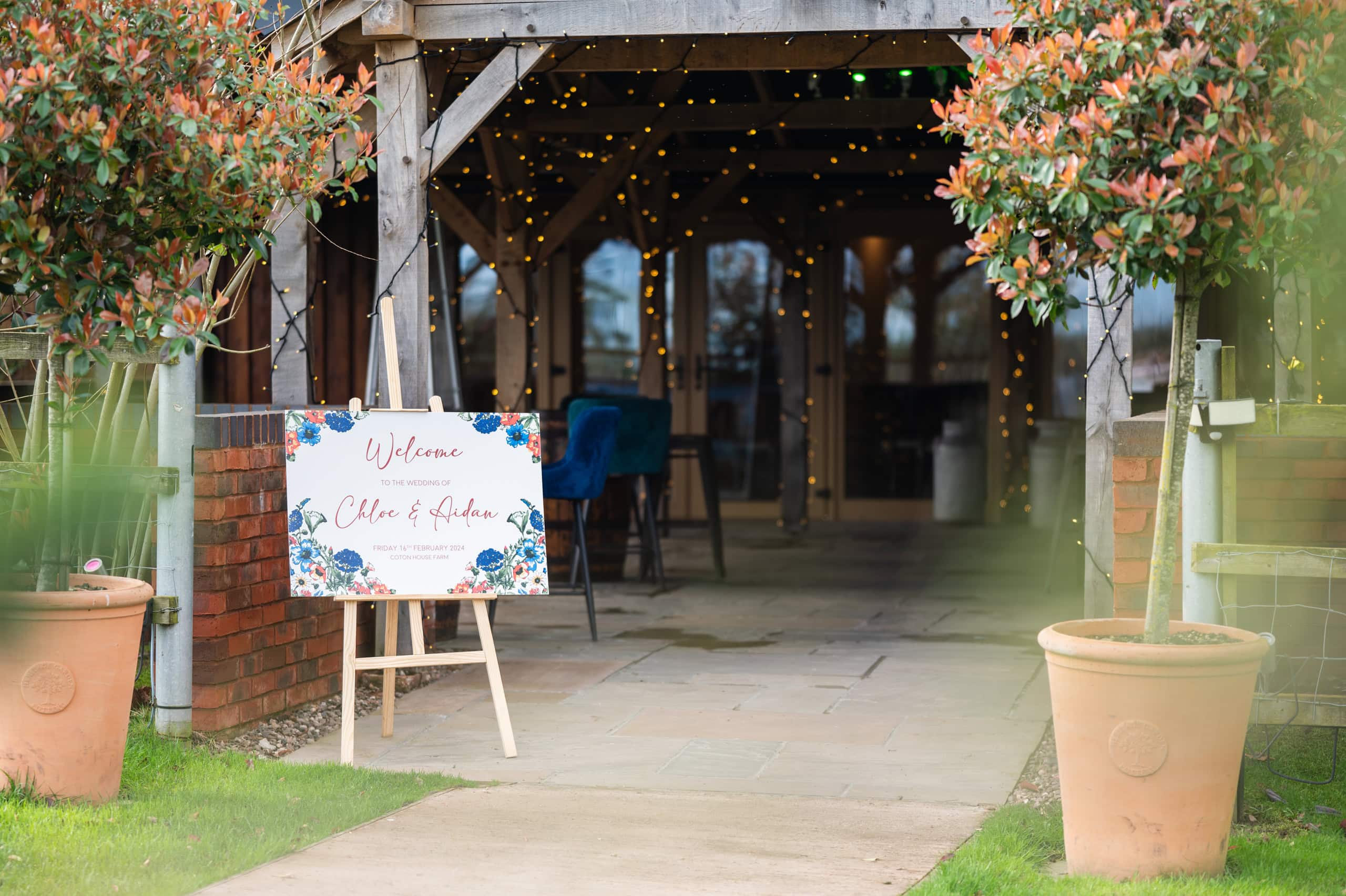 Welcome sign at the entrance to the ceremony room at Coton House Farm