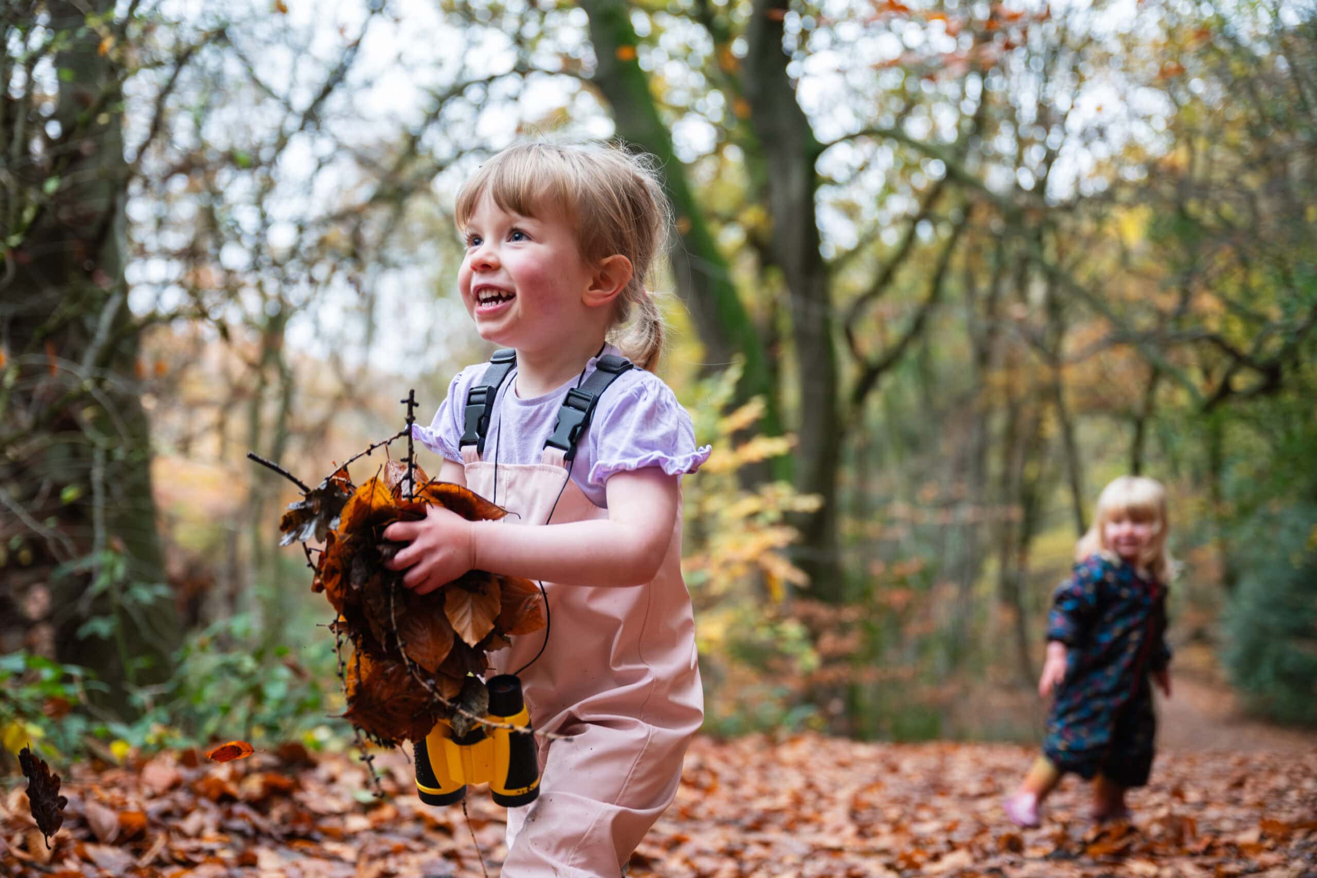 A toddler carries an armful of autumn leaves through the woods as another child walks behind