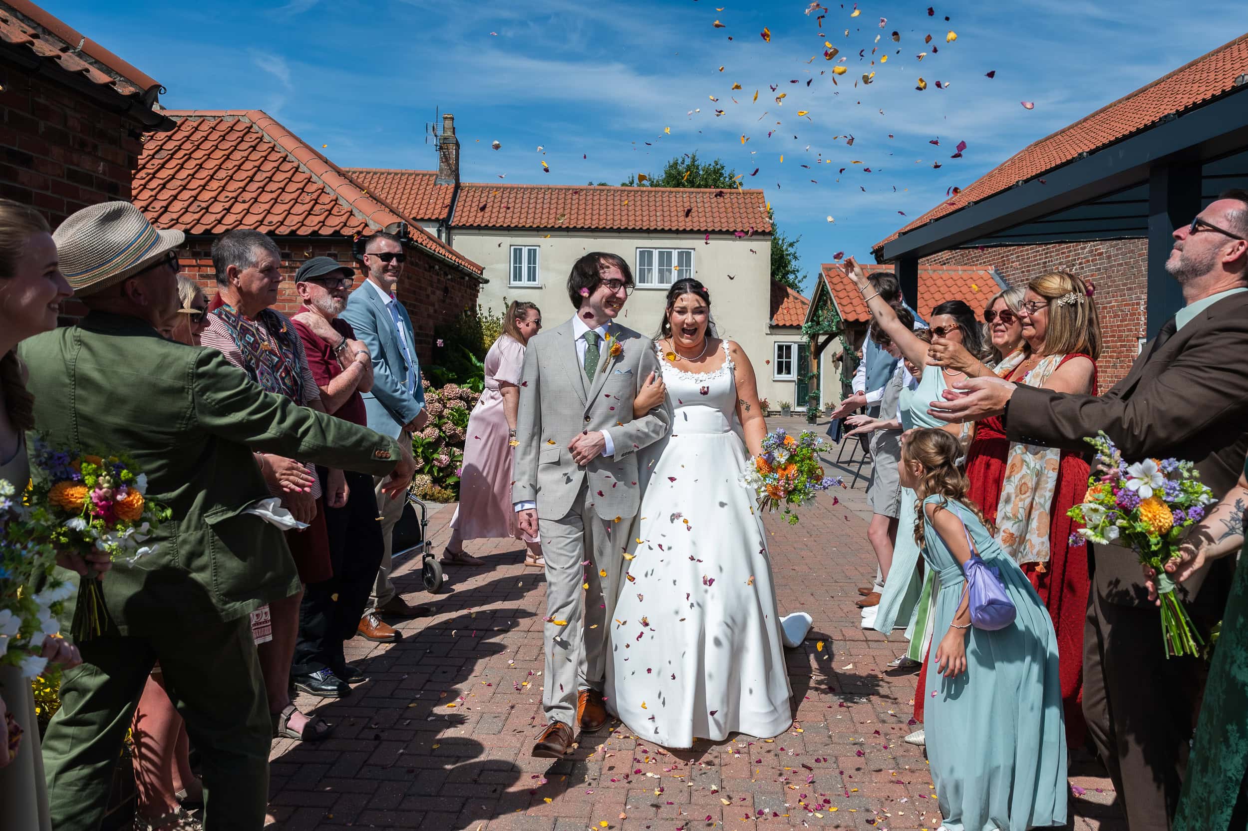 Confetti in the farmyard at Dunstall Barn, Nottinghamshire